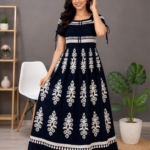 Black Printed Cotton Smocked Maxi Dress for Women | Boho Summer Long Dress | Free Size up 5XL