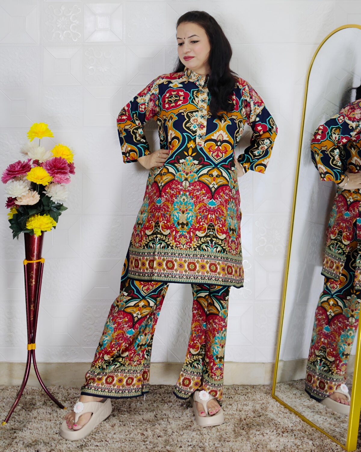Multi color printed cotton rayon co-ord set for women with matching top and wide-leg pants