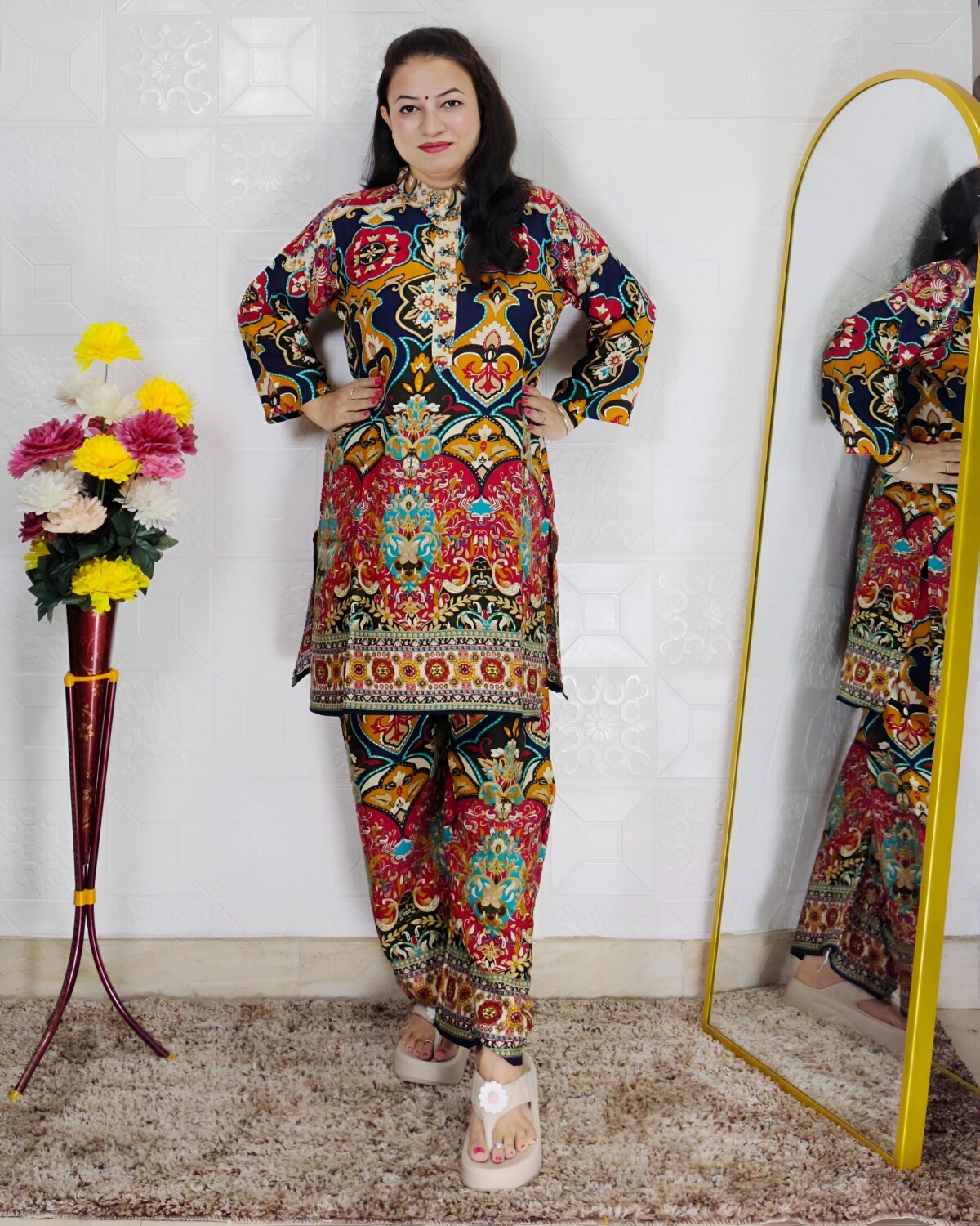 Multi color printed cotton rayon co-ord set for women with matching top and wide-leg pants