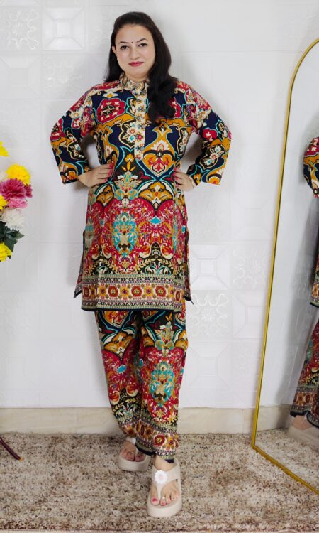 Multi color printed cotton rayon co-ord set for women with matching top and wide-leg pants