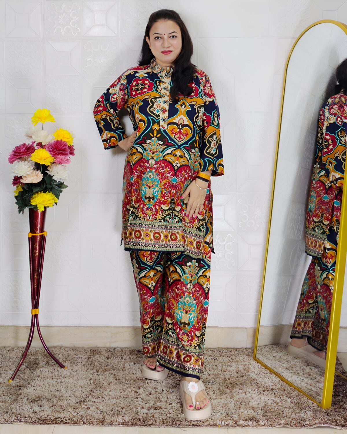 Multi color printed cotton rayon co-ord set for women with matching top and wide-leg pants