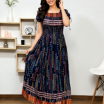 Navy Blue Printed Cotton Smocked Maxi Dress for Women | Boho Summer Long Dress | Free Size up 5XL