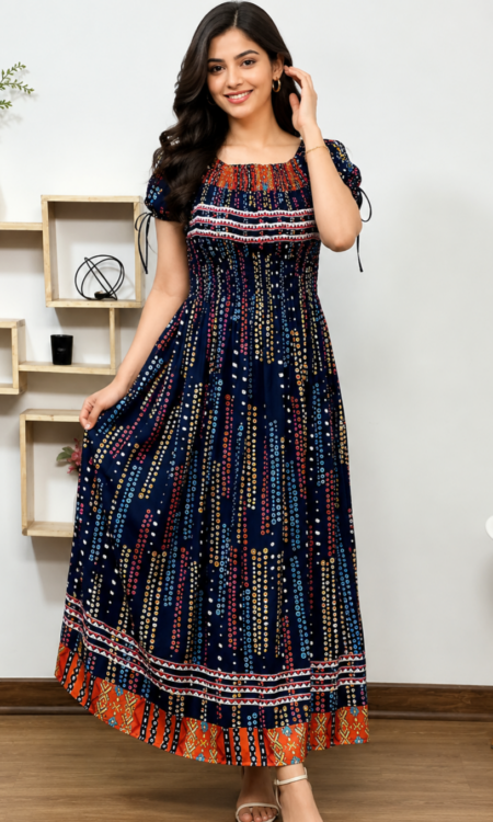 Navy Blue Printed Cotton Maxi Dress