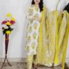 Off White and Yellow Floral Printed Pure Cotton 3 Piece Suit Set for Women with Dupatta