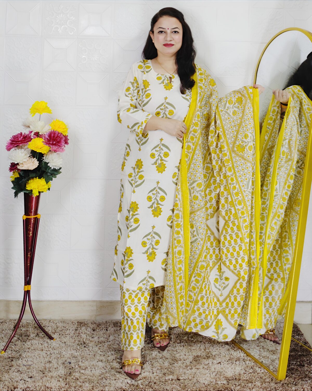 Off White and Yellow Floral Printed Pure Cotton 3 Piece Suit Set for Women with Dupatta