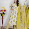 Off White and Yellow Floral Printed Pure Cotton 3 Piece Suit Set for Women with Dupatta