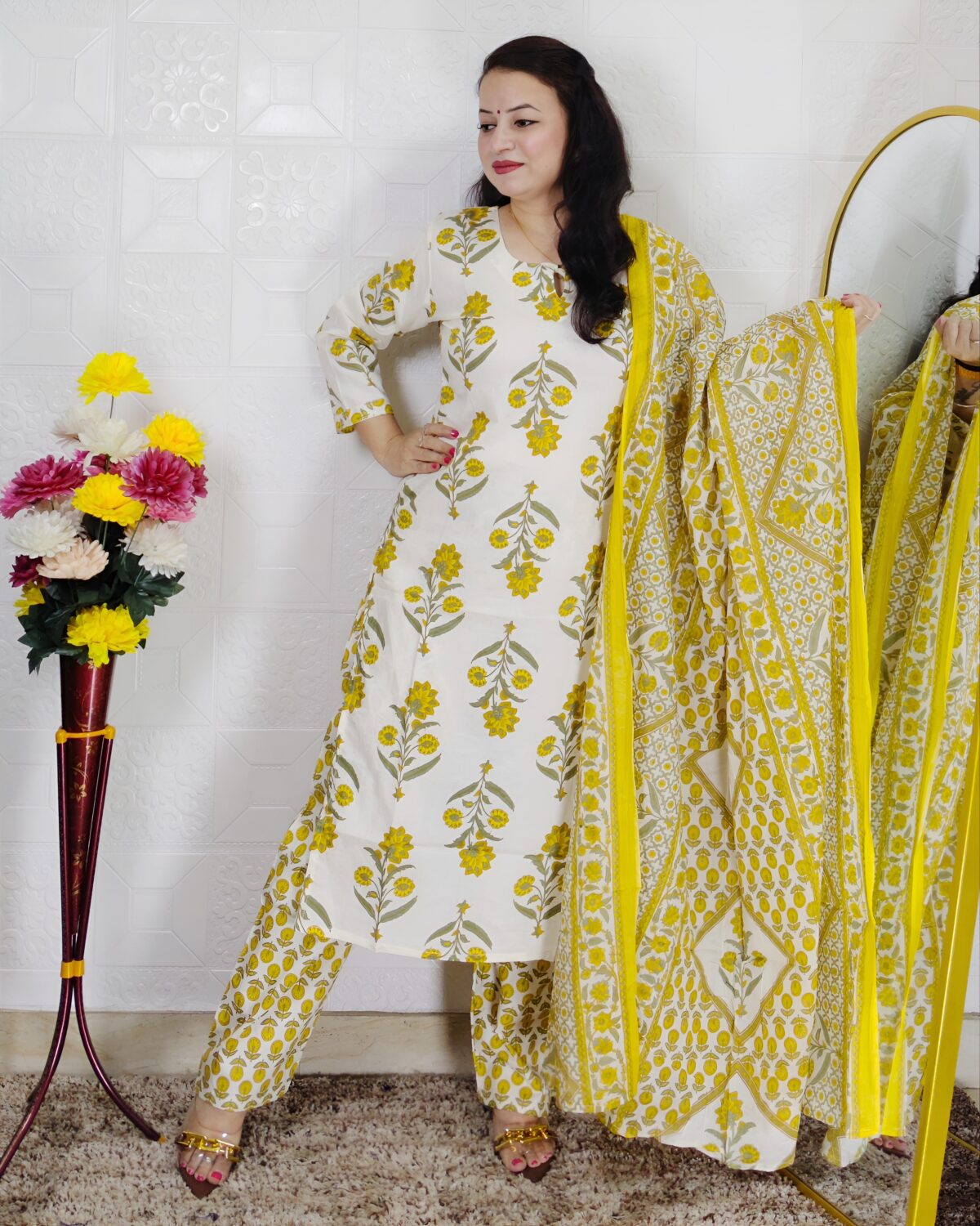 Off White and Yellow Floral Printed Pure Cotton 3 Piece Suit Set for Women with Dupatta