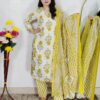 Off White and Yellow Floral Printed Pure Cotton 3 Piece Suit Set for Women with Dupatta