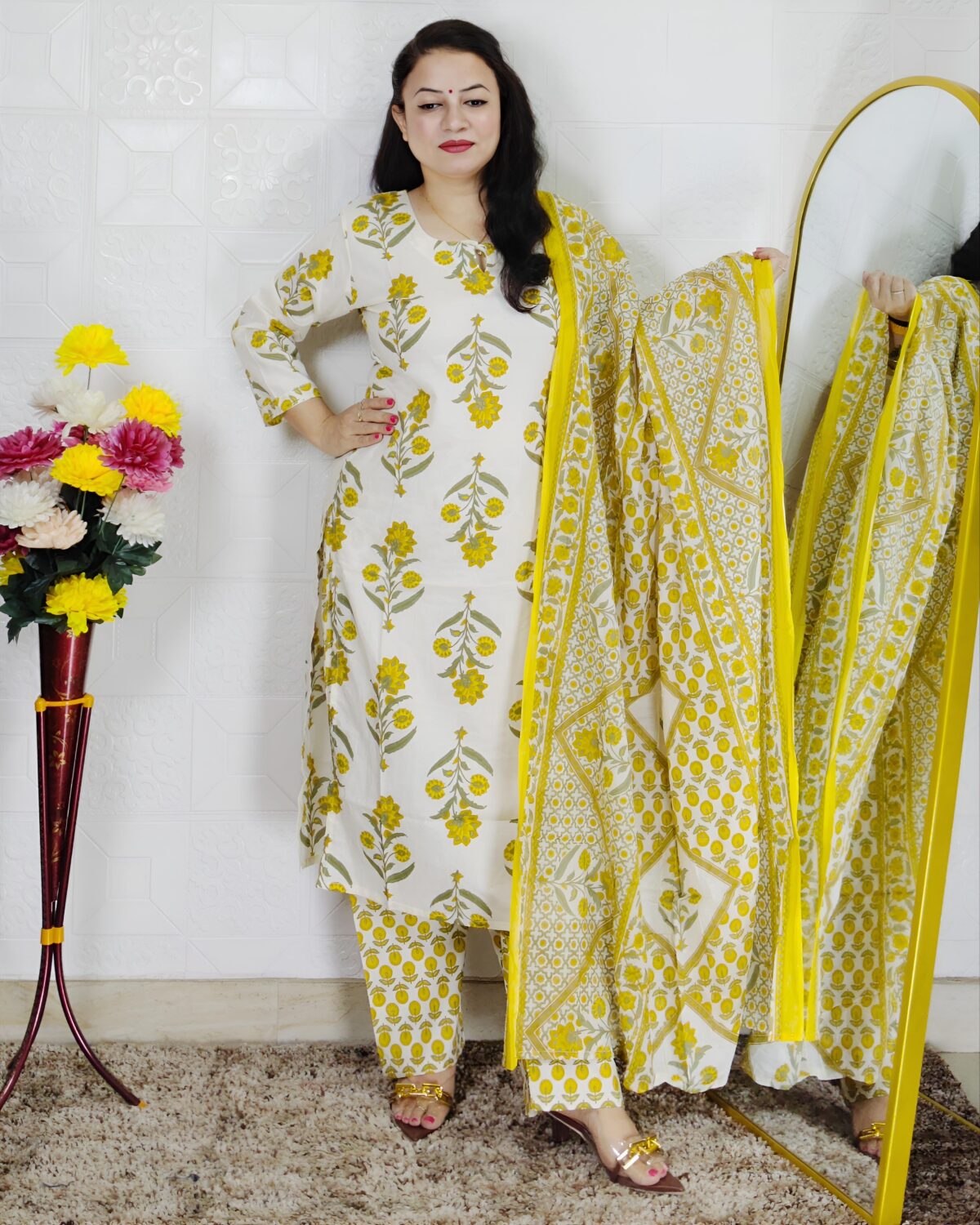 Off White and Yellow Floral Printed Pure Cotton 3 Piece Suit Set for Women with Dupatta