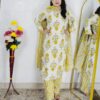 Off White and Yellow Floral Printed Pure Cotton 3 Piece Suit Set for Women with Dupatta