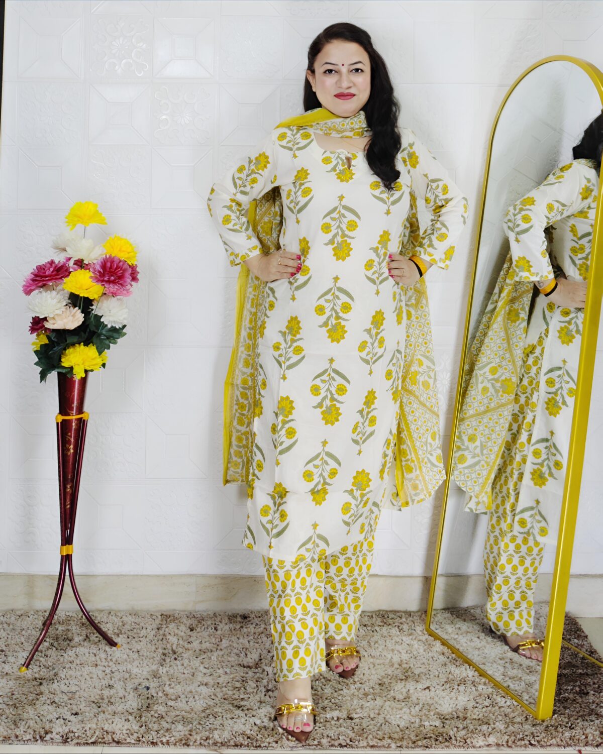 Off White and Yellow Floral Printed Pure Cotton 3 Piece Suit Set for Women with Dupatta