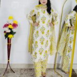 Off White & Yellow Floral Printed Pure Cotton 3 Piece Suit Set for Women