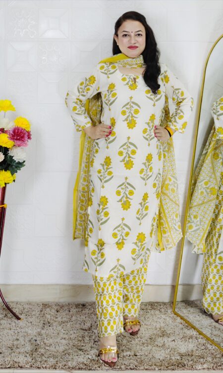 Off White and Yellow Floral Printed Pure Cotton 3 Piece Suit Set for Women with Dupatta