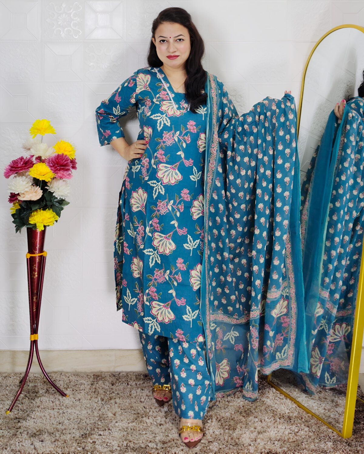 Peacock green floral printed cotton 3 piece suit set for women with matching dupatta and straight-fit pants