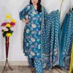 Peacock green floral printed cotton 3 piece suit set for women with matching dupatta and straight-fit pants