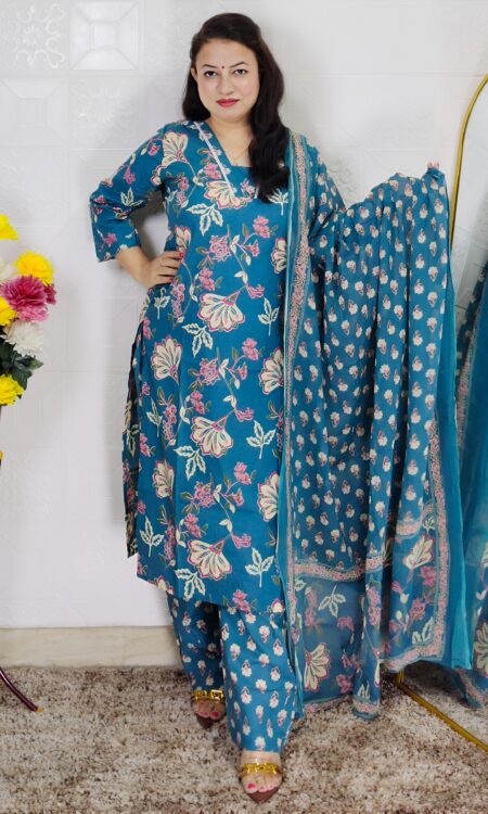 Peacock green floral printed cotton 3 piece suit set for women with matching dupatta and straight-fit pants