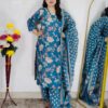 Peacock green floral printed cotton 3 piece suit set for women with matching dupatta and straight-fit pants