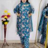 Peacock green floral printed cotton 3 piece suit set for women with matching dupatta and straight-fit pants