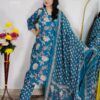 Peacock green floral printed cotton 3 piece suit set for women with matching dupatta and straight-fit pants