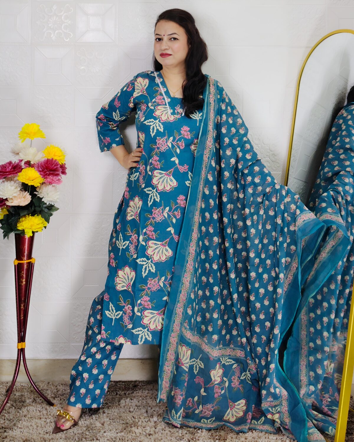 Peacock green floral printed cotton 3 piece suit set for women with matching dupatta and straight-fit pants