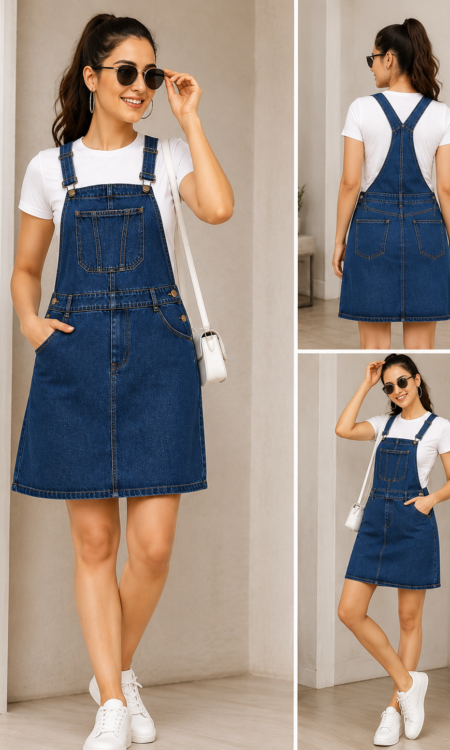 Woman wearing Blue Cotton Denim Dungaree Dress with White T-Shirt and Adjustable Shoulder Straps