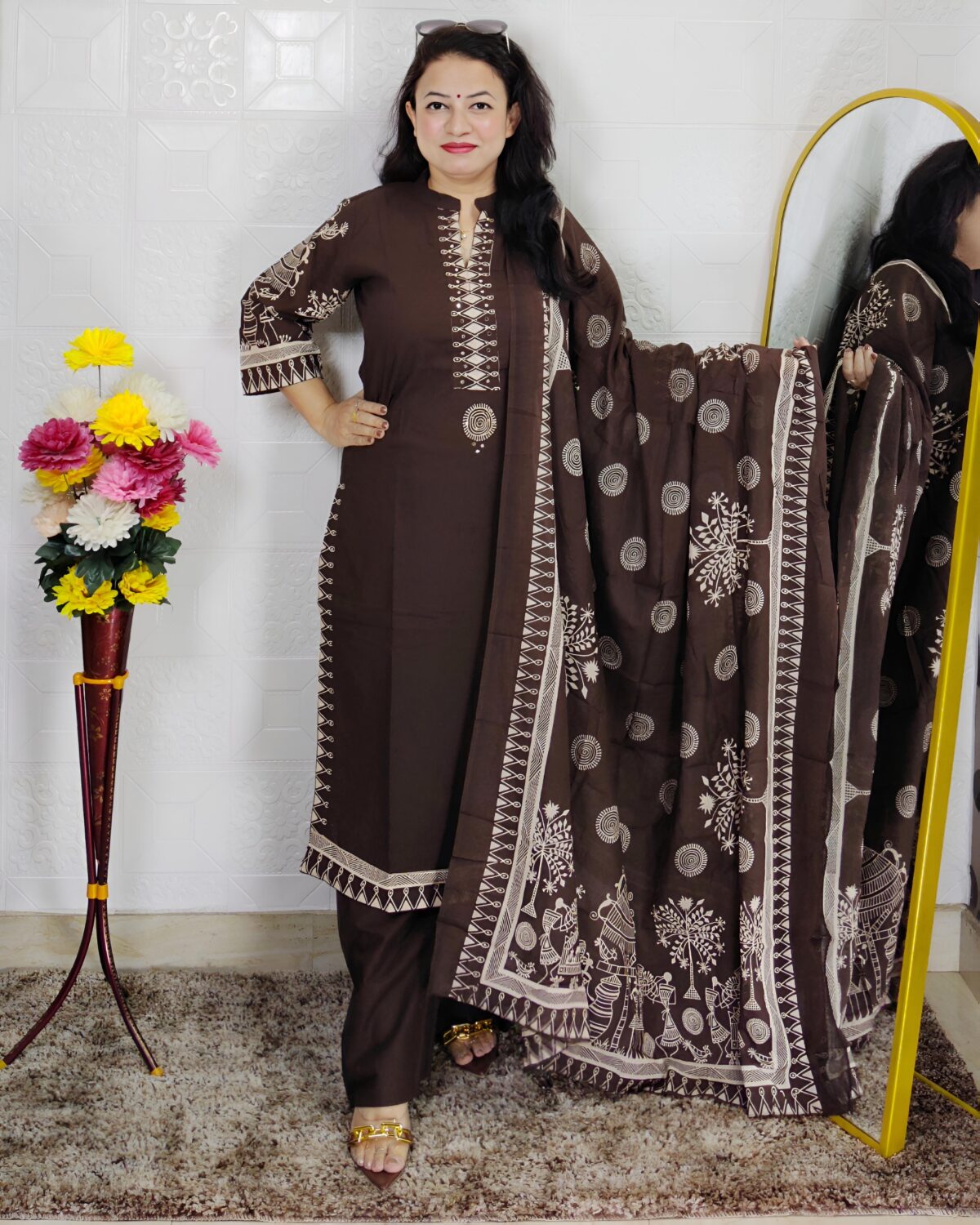 Woman wearing Coffee Brown Printed 3 Piece Suit Set with Traditional Printed Dupatta and Straight Pants