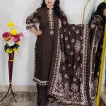 Coffee Brown Printed 3 Piece Suit Set for Women | Ethnic Kurta Pant Dupatta Set