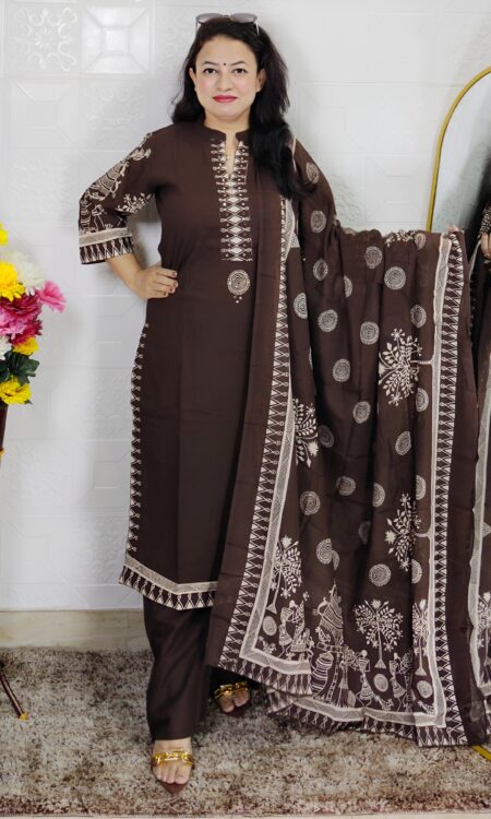 Woman wearing Coffee Brown Printed 3 Piece Suit Set with Traditional Printed Dupatta and Straight Pants