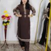 Woman wearing Coffee Brown Printed 3 Piece Suit Set with Traditional Printed Dupatta and Straight Pants