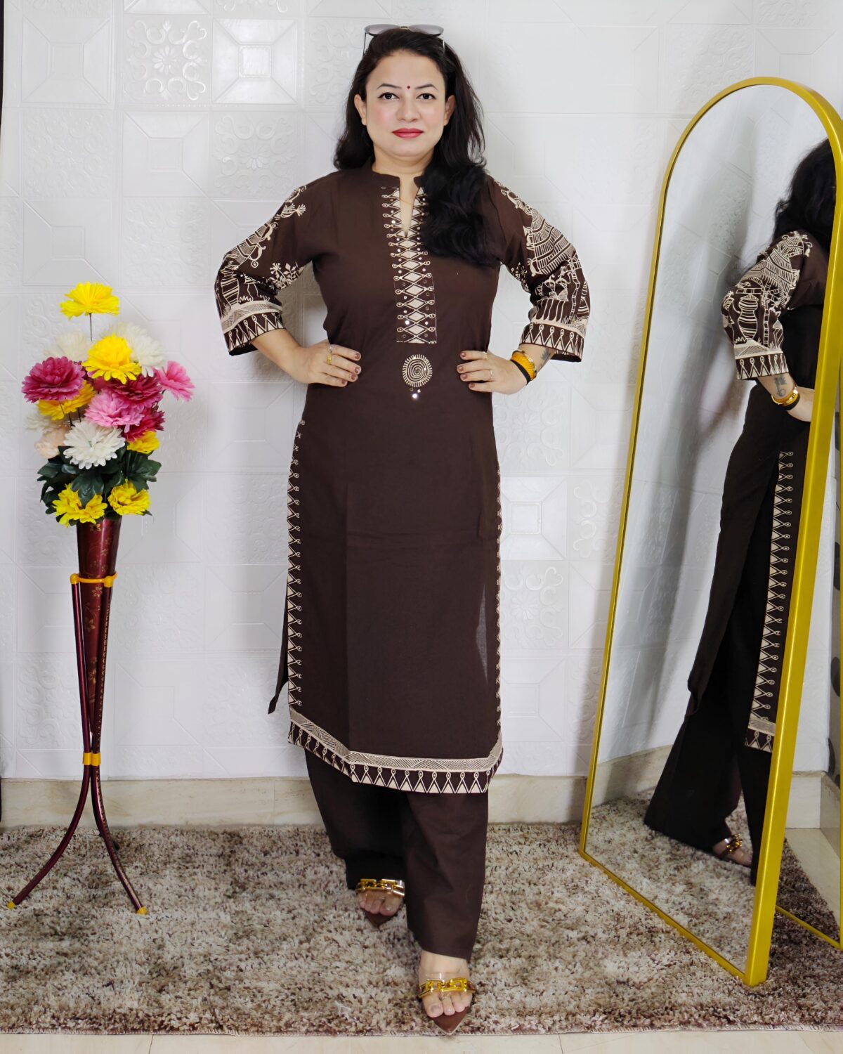 Woman wearing Coffee Brown Printed 3 Piece Suit Set with Traditional Printed Dupatta and Straight Pants