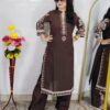 Woman wearing Coffee Brown Printed 3 Piece Suit Set with Traditional Printed Dupatta and Straight Pants