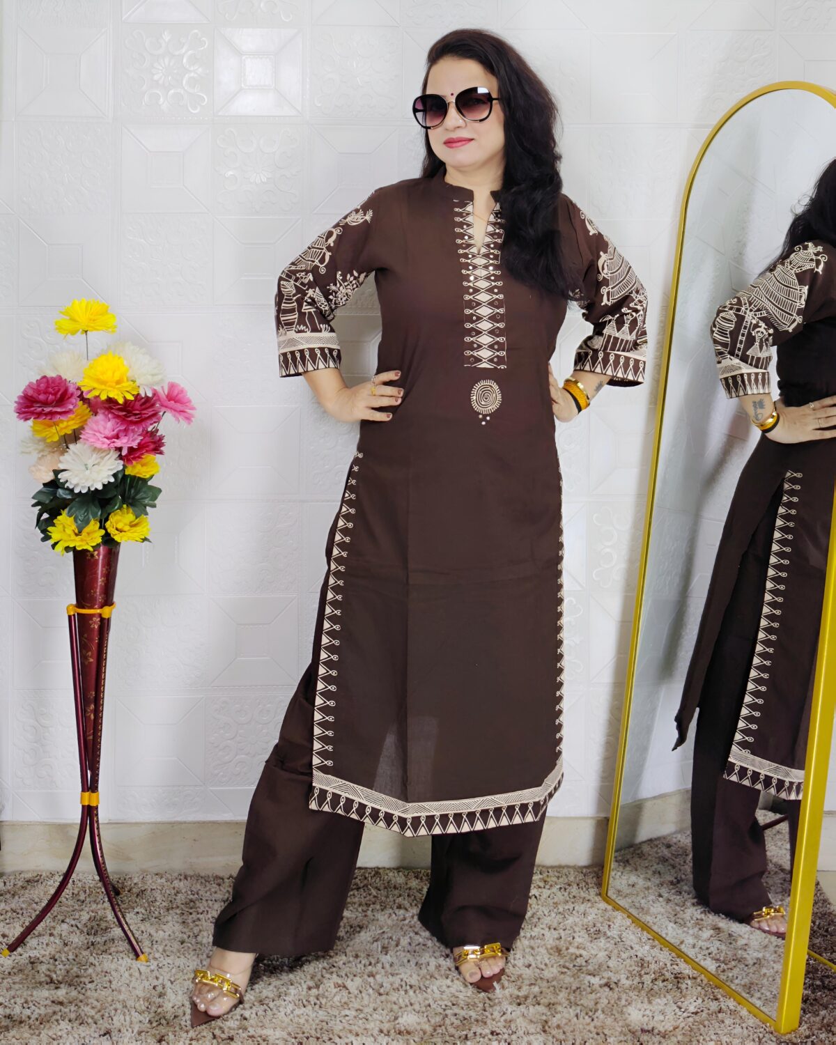 Woman wearing Coffee Brown Printed 3 Piece Suit Set with Traditional Printed Dupatta and Straight Pants