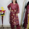 Woman wearing Maroon Floral Printed 3 Piece Suit Set with Matching Dupatta and Straight Pants