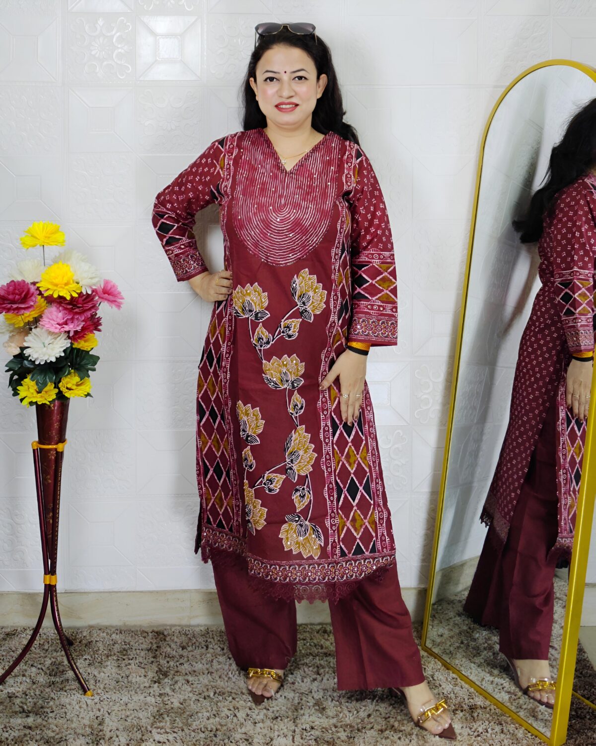 Woman wearing Maroon Floral Printed 3 Piece Suit Set with Matching Dupatta and Straight Pants