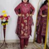 Woman wearing Maroon Floral Printed 3 Piece Suit Set with Matching Dupatta and Straight Pants