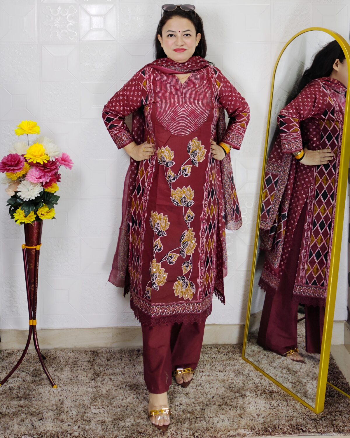 Woman wearing Maroon Floral Printed 3 Piece Suit Set with Matching Dupatta and Straight Pants