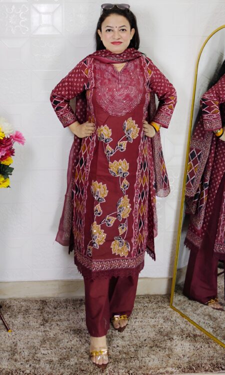 Woman wearing Maroon Floral Printed 3 Piece Suit Set with Matching Dupatta and Straight Pants