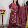 Woman wearing Maroon Floral Printed 3 Piece Suit Set with Matching Dupatta and Straight Pants