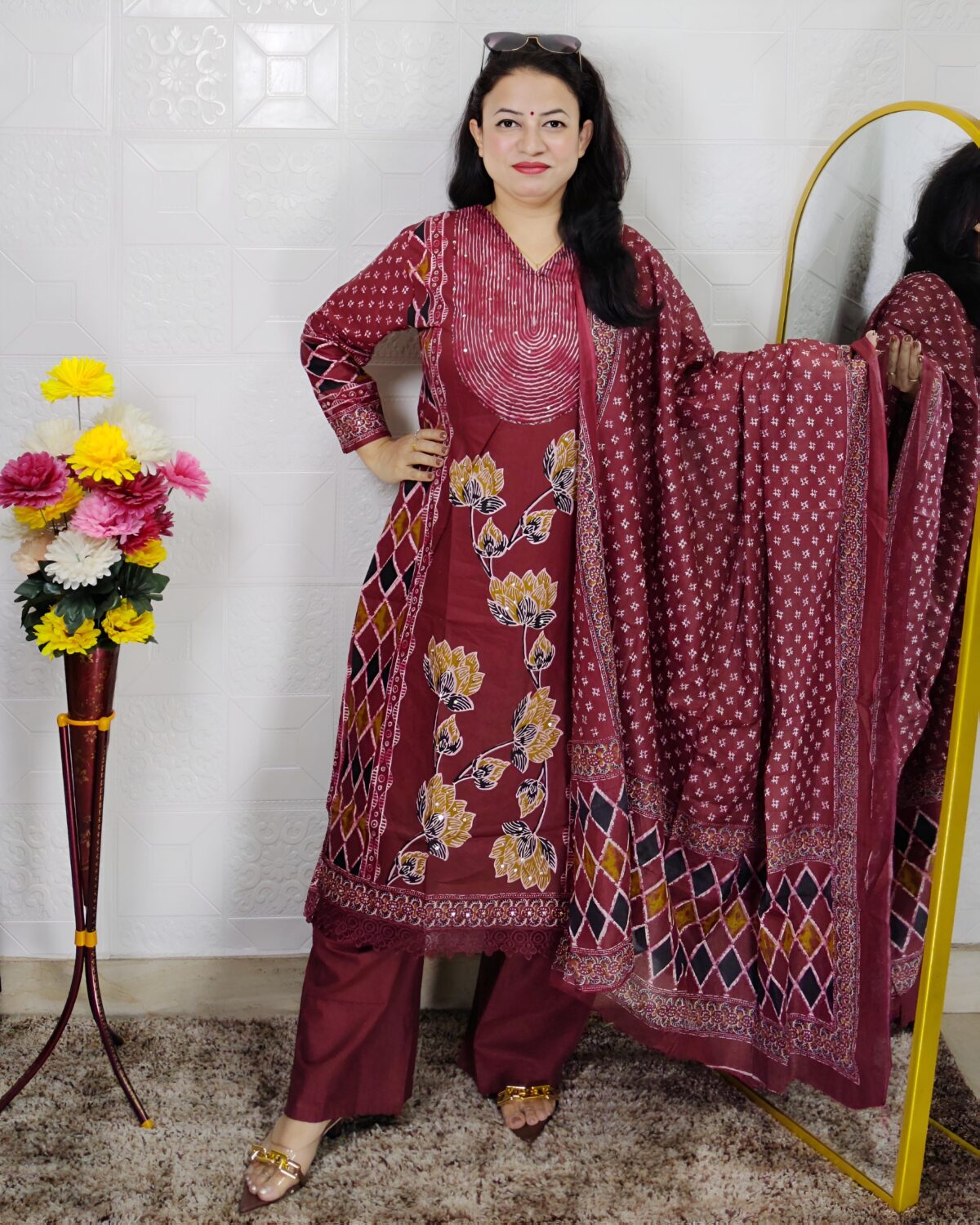 Woman wearing Maroon Floral Printed 3 Piece Suit Set with Matching Dupatta and Straight Pants