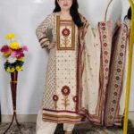 Off White Premium Cotton 3 Piece Suit Set for Women | Printed Straight Kurta with Pant & Dupatta