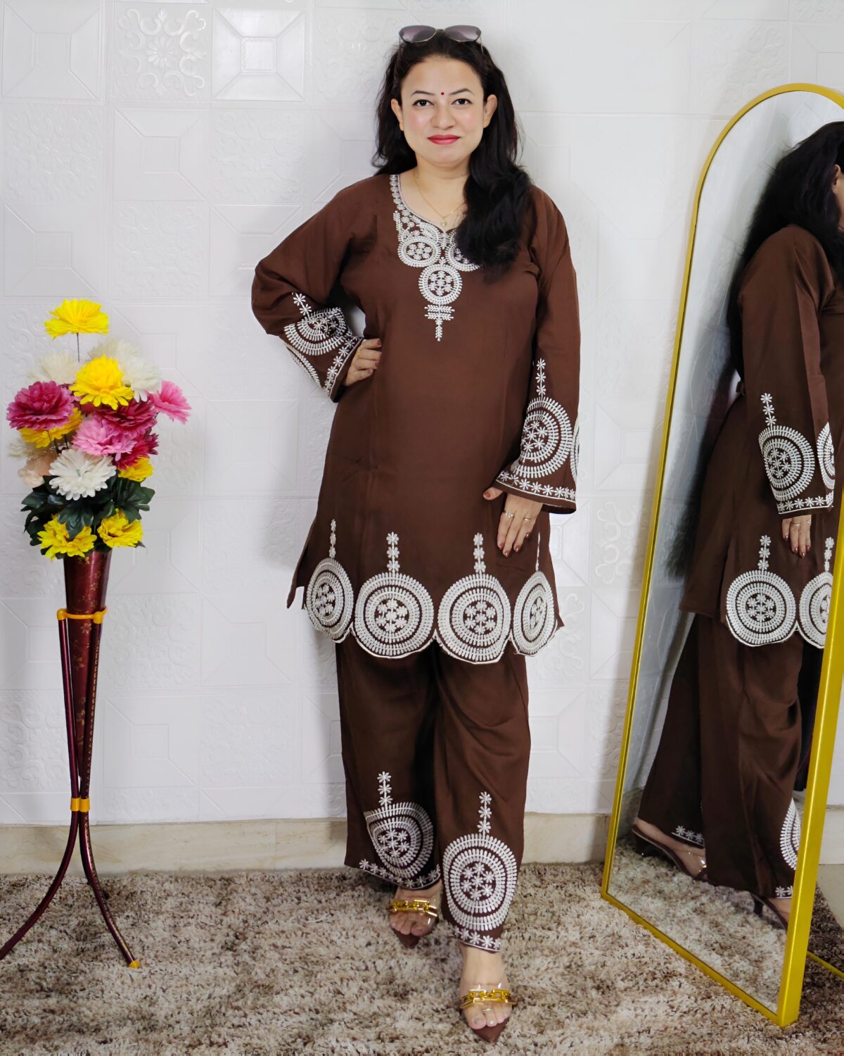 Woman wearing Premium Cotton Embroidered Co-Ord Set with Embroidered Kurta and Matching Pants available in Black, Green, Brown and Maroon colors