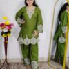 Woman wearing Premium Cotton Embroidered Co-Ord Set with Embroidered Kurta and Matching Pants available in Black, Green, Brown and Maroon colors