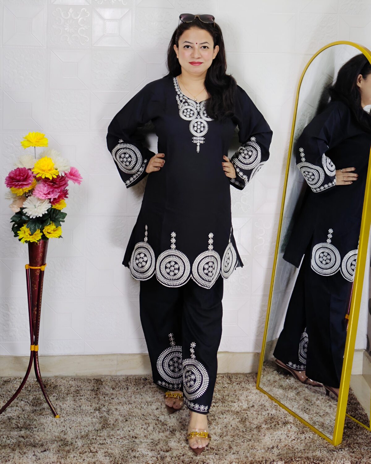 Woman wearing Premium Cotton Embroidered Co-Ord Set with Embroidered Kurta and Matching Pants available in Black, Green, Brown and Maroon colors