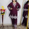 Woman wearing Premium Cotton Embroidered Co-Ord Set with Embroidered Kurta and Matching Pants available in Black, Green, Brown and Maroon colors