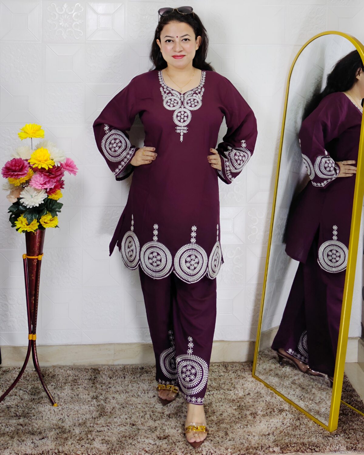Woman wearing Premium Cotton Embroidered Co-Ord Set with Embroidered Kurta and Matching Pants available in Black, Green, Brown and Maroon colors