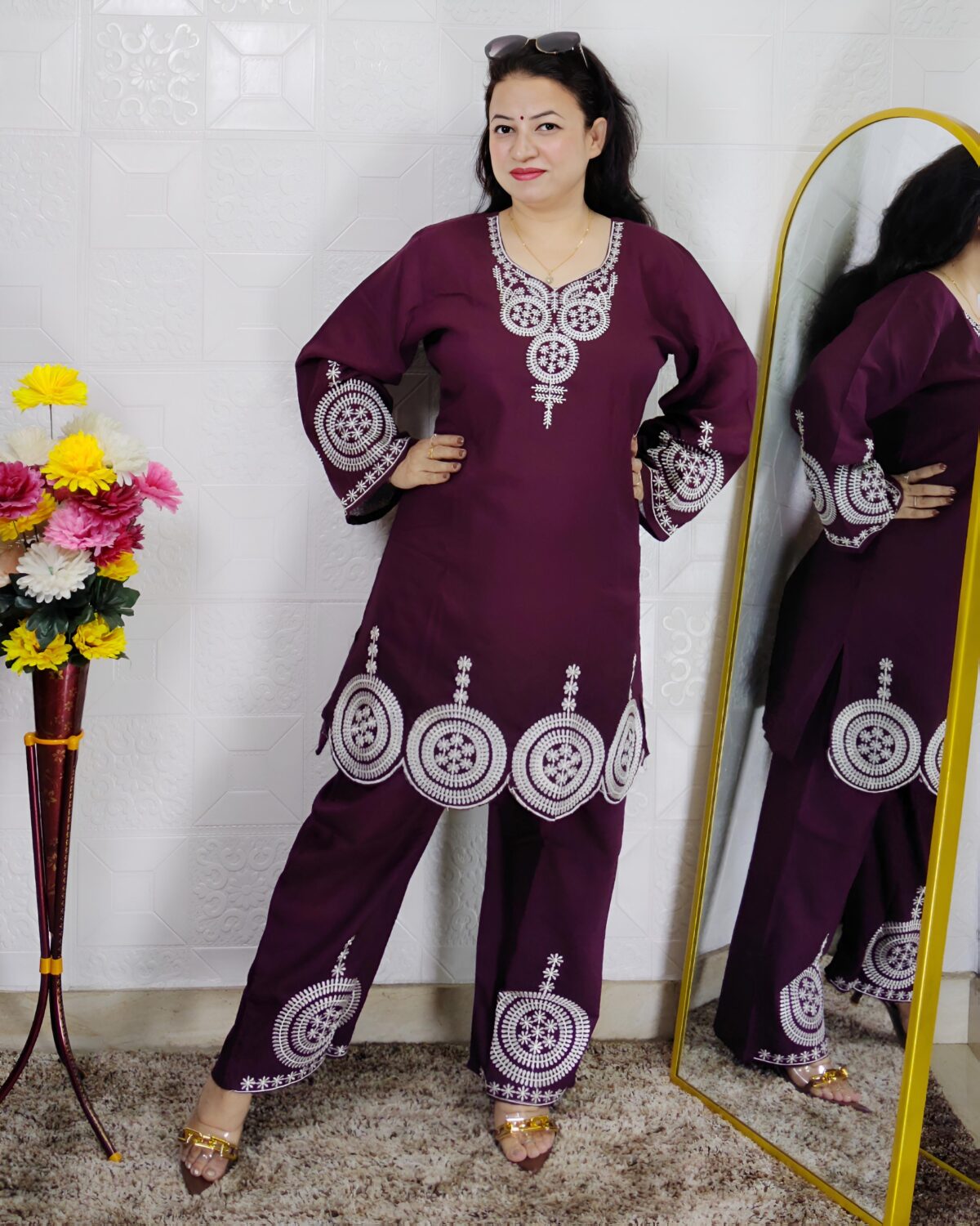 Woman wearing Premium Cotton Embroidered Co-Ord Set with Embroidered Kurta and Matching Pants available in Black, Green, Brown and Maroon colors