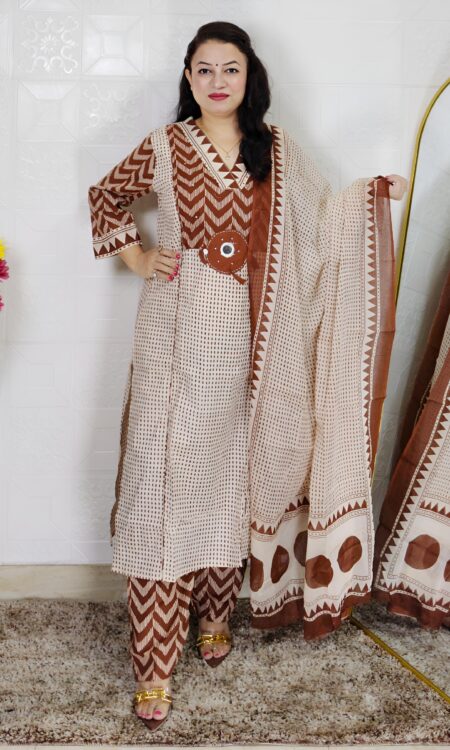 Woman wearing Cream Brown Evil Eye Printed Pure Cotton 3 Piece Suit Set with Matching Dupatta