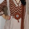 Woman wearing Cream Brown Evil Eye Printed Pure Cotton 3 Piece Suit Set with Matching Dupatta