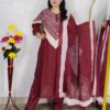Woman wearing Wine Premium Cotton Printed Straight Kurta with Matching Pants and Coordinated Dupatta