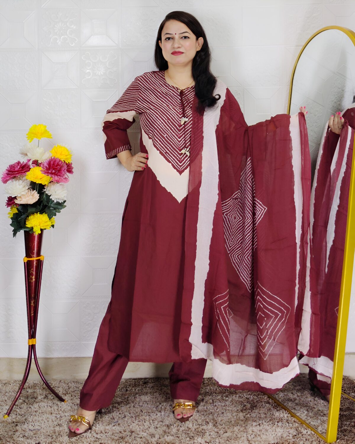 Woman wearing Wine Premium Cotton Printed Straight Kurta with Matching Pants and Coordinated Dupatta